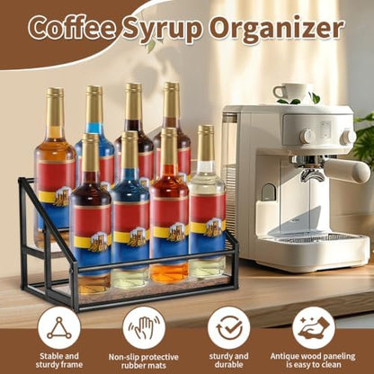 YQBRAO 2-Tier Coffee Syrup Organizer, 8-Bottle Rack, Rustic Brown