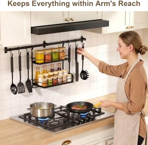 NADAMOO Spice Rack Wall Mount, 2-Tier Kitchen Storage Shelf with Hooks