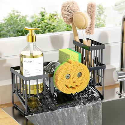 Cisily Kitchen Sink Caddy Organzier with High Brush Holder, Sponge Holder for Sink, 304 Rustproof Stainless, Kitchen Countertop Soap Dispenser Organizer (Black With Smiley Face Holder, 9.25″)