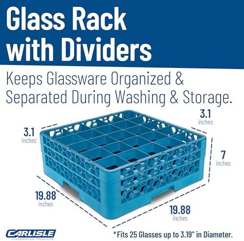Carlisle FoodService Products Opticlean 25-Compartment Glass Racks for Restaurants with 2 Extenders - Dishwasher Rack for Beverage Glasses, Goblets, 3.19" Max Diameter, Blue, (Pack of 3)