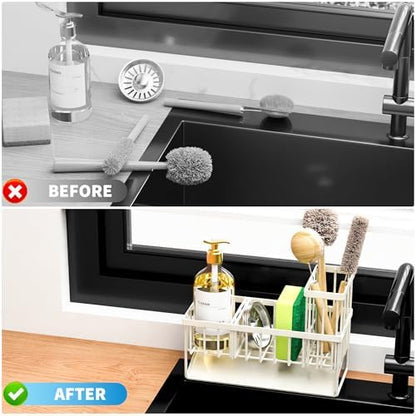 Cisily Off White Sponge Holder for Kitchen Sink, Sink Caddy Organizer with High Brush Holder, Kitchen Countertop Rustproof 304 Stainless Steel, Soap Dispenser Kitchen Organizers and Storage Essentials