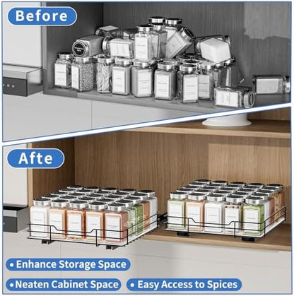 BOIVSHI Pull Out Spice Rack, Slide Out Spice Rack for Cabinet, Spice Organizer for Kitchen and Pantry, Fits Spices, Sauces, Canned Food (10.5''Wx10.5''Dx2.5''H)