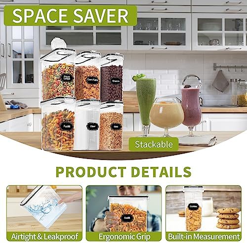 Skroam Cereal Containers Storage of 6 [4L/135.2 oz], Airtight Food Storage Containers with Lids, Plastic Cereal Dispensers for Kitchen & Pantry Organizers and Storage, Measuring Cup & 20 Labels