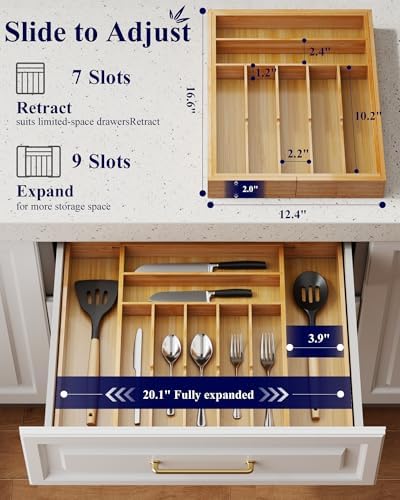 Kitsure Silverware Organizer, Bamboo Kitchen Drawer Tray, Natural, XX-Large