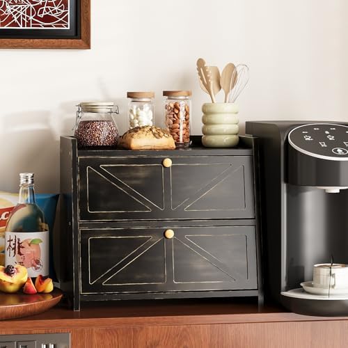 Trironsun Vintage Double Layer Bread Box for Kitchen Counter Bamboo Bread Storage Container Large Capacity Bread Storage Bin (Antique Black)