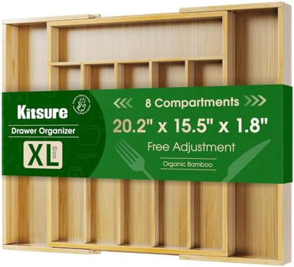 Kitsure Silverware Organizer, Bamboo Kitchen Drawer Tray, Natural, X-Large