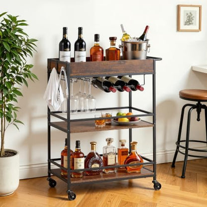 VEVOR Bar Cart with Wheels, 3-Tier Rolling Serving Cart, 26.77-Inch Beverage Station with Wine Rack, Glass Holder and S Hooks for Home Kitchen, Rustic Brown and Black