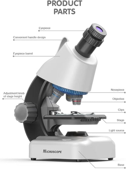 Kids Educational Microscope - Up to 40-1200x Zoom, LED Light, Glass Material, White Color, Perfect for STEM Learning & DIY Experiments