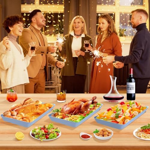 WOWBOX 4 pcs Serving Tray for Entertaining, Serving Platters for Snacks, Fruit, Cookies, Dessert, Reusable Plastic Trays for Serving Food and Pantry Organization in Kitchen & for Parties, (Blue)
