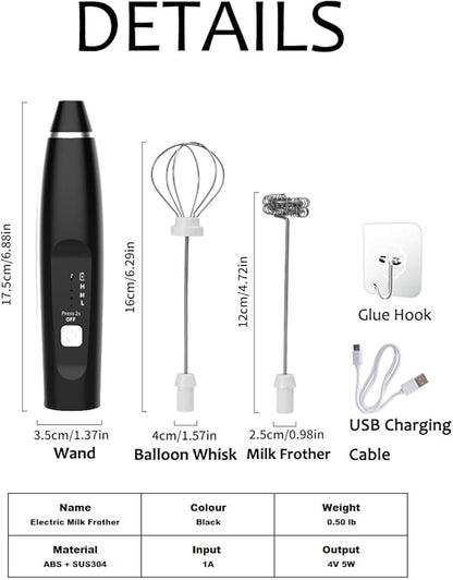Milk Frother Handheld Foam Maker with 2 Stainless Stirring Head 3 Speed Rechargeable Electric Blender Milk Frother Wand Drink Mixer for Cappuccino Matcha Latte Hot Chocolate Protein Powder Egg (Black)