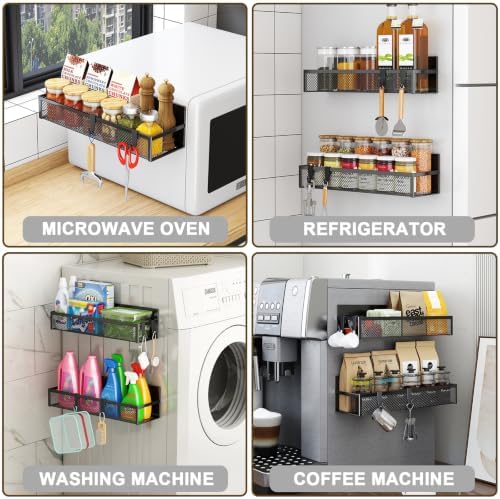 Aufworld Magnetic Spice Rack for Refrigerator, 4 Pack Magnetic Shelf, Fridge Magnet Organizer with Moveable 8 Hooks, Magnetic Fridge Shelf for Kitchen Organization and Storage (4 Pack)