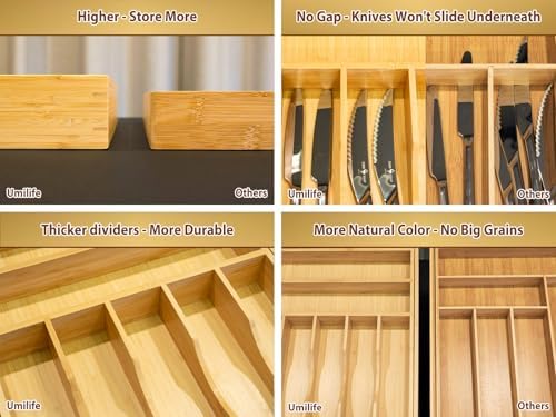 Umilife Large Expandable Kitchen Silverware Utensils Drawer Organizer, 2.5" Extra High Adjustable Drawer Divider with Curved Grooves, Bamboo Wood Cutlery Tray Flatware Holder