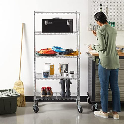 Amazon Basics 5-Shelf Adjustable, Heavy Duty Storage Shelving Unit on 4" Wheel Casters, Easy to Move Portable Wire Shelving, No Tools Needed for Easy Assembly, 30" x 14" x 64.8", Chrome