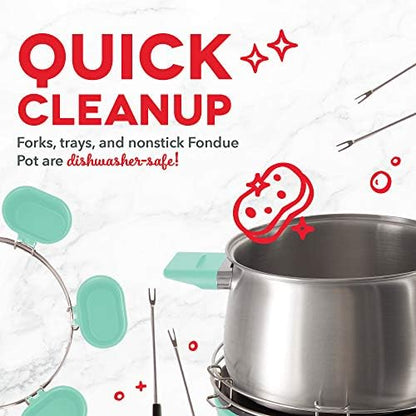 Dash Deluxe Fondue Maker - For Broth, Cheese & Chocolate - Comes with Color-Coded Fondue Forks, Cups, Rack & Recipe Guide - 3 Quarts, Aqua