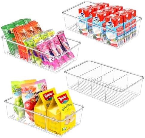 ZIZOTI Snack Organizer for Pantry Shelf, 4 Pack Clear Plastic Pantry Storage Bins with 3 Dividers for Snacks, Spices, Chips Food Organizer, Stackable Pantry Organizers for Kitchen, Fridge, Cabinet