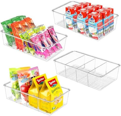 ZIZOTI Snack Organizer for Pantry Shelf, 4 Pack Clear Plastic Pantry Storage Bins with 3 Dividers for Snacks, Spices, Chips Food Organizer, Stackable Pantry Organizers for Kitchen, Fridge, Cabinet