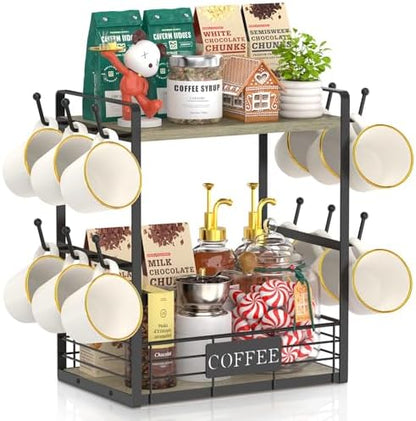 EsLuker.ly Coffee Mug Cup Holder Tree Bar Station Organizer, 2 Tier Grey Oak