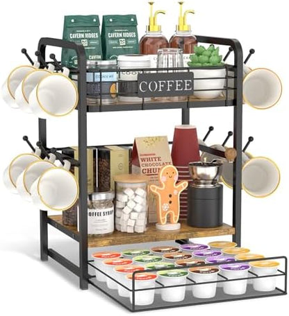 EsLuker.ly Coffee Bar Organizer Station Shelf Mug Holder, with 12 Hooks