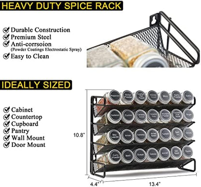 SpaceAid Spice Rack Organizer with 28 Spice Jars, 386 Spice Labels, Chalk Marker and Funnel Set for Cabinet, Countertop, Pantry, Cupboard or Door & Wall Mount - 28 Jars, 13.4" W × 10.8" H, Black