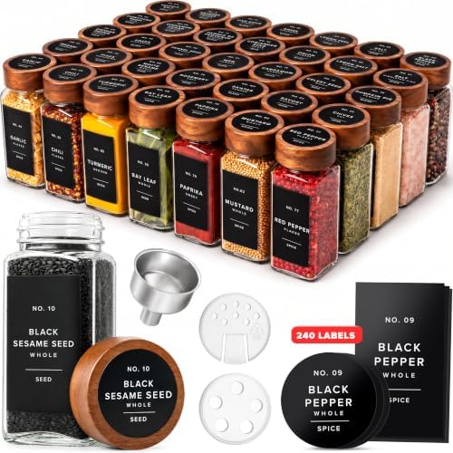 EDELHAUS Glass Spice Jars with Label, 36x Acacia Wooden Lids - Black Labels
