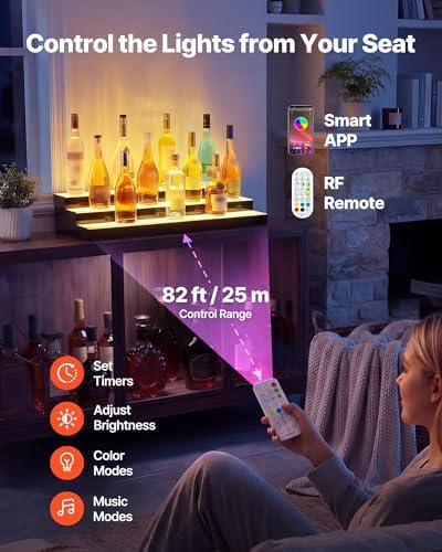 VEVOR LED Lighted Liquor Bottle Display, 3 Tiers 30 inches, Acrylic Illuminated Home Bar Shelf Display with RF Remote & App Control, DIY Setup with Type-C Cables, 9 Static Colors, for 21-30 Bottles