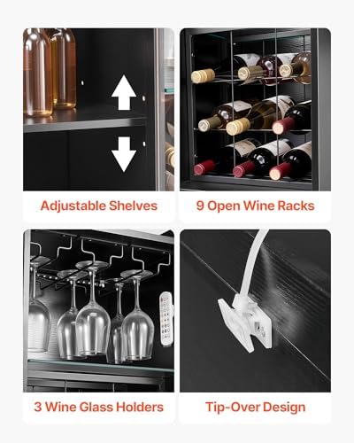 VEVOR Wine Cabinet, Coffee Bar Cabinet with 9 Wine Bottle Racks, Modern Buffet Sideboard with Glass Holder, Adjustable LED Brightness, for Home Kitchen, Living Room, Dining Room, Black Wood Grain
