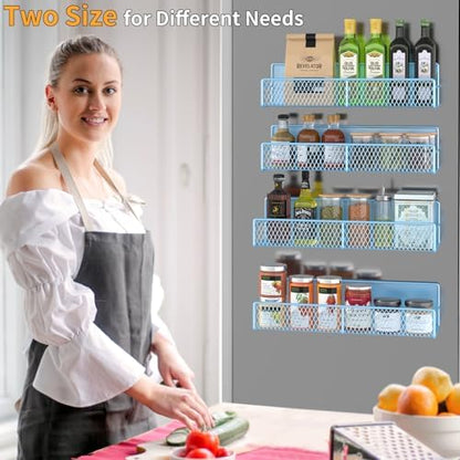 DTUQYX Magnetic Spice Rack for Refrigerator, 4 Pack 100% Metal Strong Magnet Fridge Shelves, Space Saving Spice Organizer, No Drilling Moveable Home Kitchen Laundry Room Storage Organization, Blue