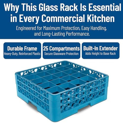 Carlisle FoodService Products Opticlean 25-Compartment Glass Racks for Restaurants with 2 Extenders - Dishwasher Rack for Beverage Glasses, Goblets, 3.19" Max Diameter, Blue, (Pack of 3)