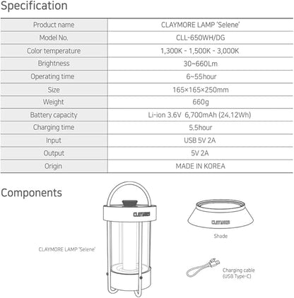 CLAYMORE Selene Lamp (Dark Gray) - Aesthetic Portable Outdoor Lamp, 4 Mood Lights, 6,700mAh Rechargeable, 660 Lumens, Waterproof. Halloween Decor, Camping, Glamping, Parties, Tents, and Backyards.