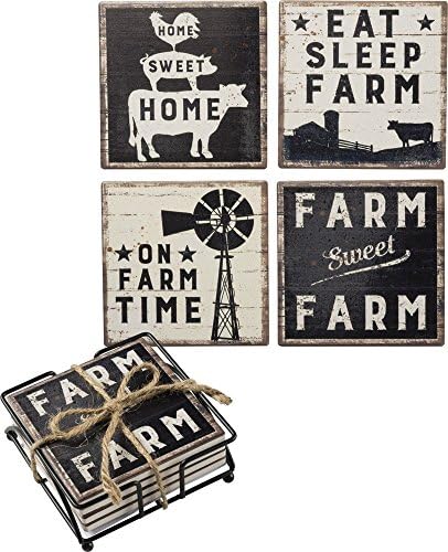 Primitives by Kathy Set of 4 Absorbent Stone Coasters, Rustic Farmhouse Coaster Designs, Farm Sweet Farm, Includes Wire Holder, Slatted Wood Style with Distressed Details, 4 by 4 Inches Each