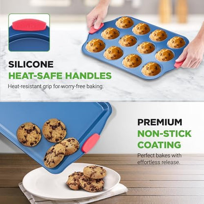 NutriChef 8-Piece Bakeware Set - Nonstick Carbon Steel Baking Pans with Red Silicone Handles, Blue Coating, Durable & Stain-Resistant, Perfect for Baking Cakes, Muffins, Cookies (Blue)