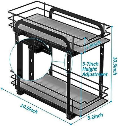 BOIVSHI Spice Rack Organizer for Cabinet, 2 Tier Pull Out Spice Organizer for Cabinet Height Adjustable Heavy Duty Metal Basket for Inside Cabinets & Pantry Closet (5.5''Wx10.5''Dx9.5''H)
