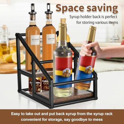 YQBRAO 2-Tier Coffee Syrup Organizer, 4-Bottle Rack, Rustic Brown
