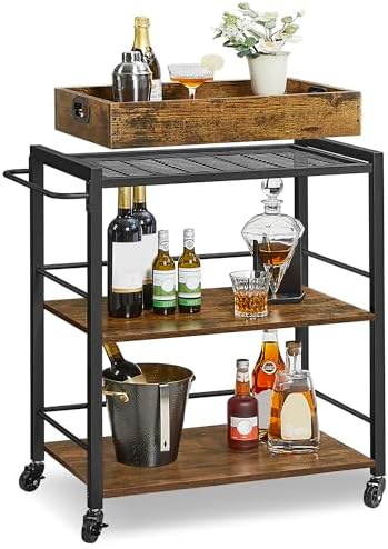 VASAGLE Bar Cart with Wheels, Drink Cart with Wine Rack and Glass Holder