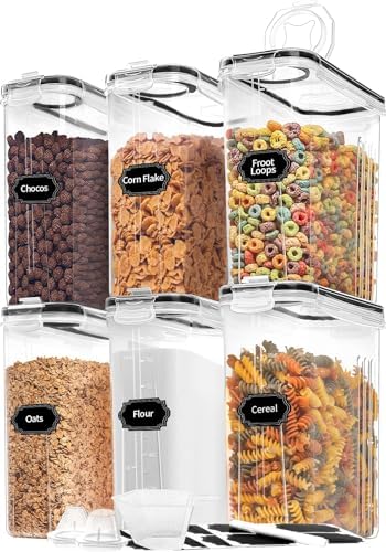 Skroam Cereal Containers Storage of 6 [4L/135.2 oz], Airtight Food Storage Containers with Lids, Plastic Cereal Dispensers for Kitchen & Pantry Organizers and Storage, Measuring Cup & 20 Labels