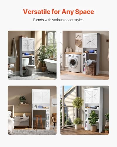 VEVOR Over The Toilet Storage Cabinet, 67.44‘’ Height Bathroom Storage Cabinet Over Toilet with Barn Door and Adjustable Shelf, Bathroom Space-Saving Toilet Rack White Wood with Open Shelf