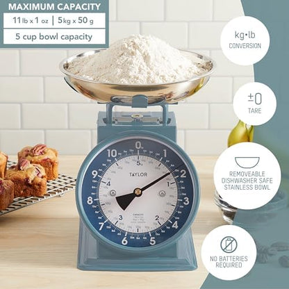 Taylor Vintage Mechanical Kitchen Scale - 11 lb Max Capacity, Storm Blue