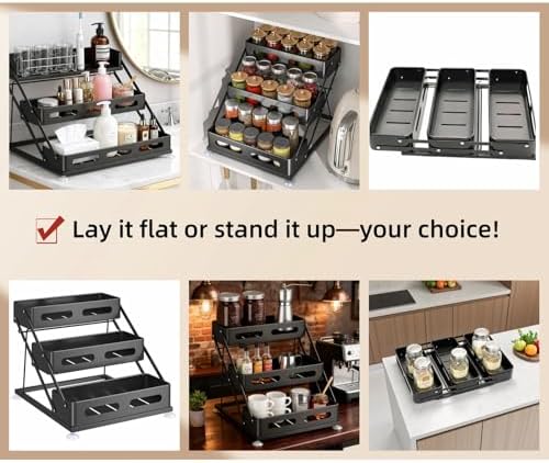 Bokelai Spice Rack for Countertop 3 Tier Foldable Seasoning Organizer Jars Storage Holder Step Shelf for Cabinet Kitchen Black