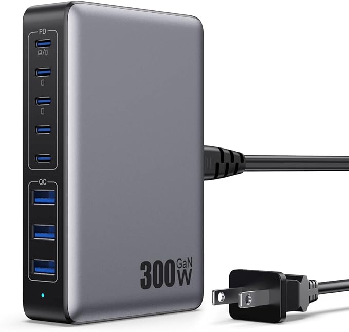 USB C Charger 300W USB C Charger Block, 8-Ports GaN IV Fast Charging Station Hub