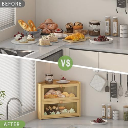 JANSNIMEN Corner Bread Box for Kitchen Countertop Bamboo Bread Holder