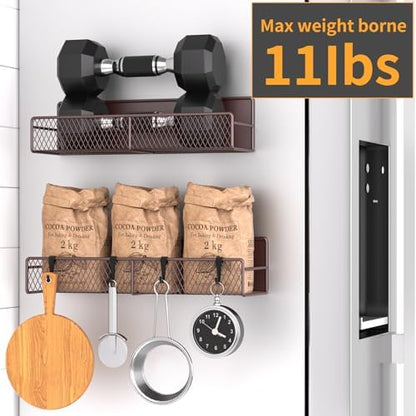 Magnetic Spice Rack for Refrigerator, 2 Pack 100% Metal Strong Magnet Shelf, Space Saving Spice Organizer W/ Hooks, Movable Magnetic Fridge Shelf, Kitchen Home Laundry Room Storage Organization, Brown