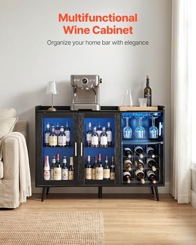 VEVOR Wine Cabinet, Coffee Bar Cabinet with 9 Wine Bottle Racks, Modern Buffet Sideboard with Glass Holder, Adjustable LED Brightness, for Home Kitchen, Living Room, Dining Room, Black Wood Grain