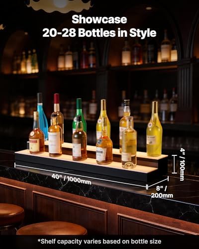 VEVOR LED Lighted Liquor Bottle Display, 2 Tiers 40 inches, Supports USB, Acrylic Illuminated Home Bar Shelf Display with RF Remote & App Control, 9 Static Colors, Timing Mode, for 20-28 Bottles