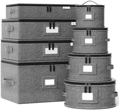 YearningHome China Storage Containers Hard Shell,Moving Boxes for Mugs,Wine Glassess,Plates,Sausers,Utensils and Dinnerware, Sturdy Dish Organizer with Felt Dividers,8-Piece Set,Grey