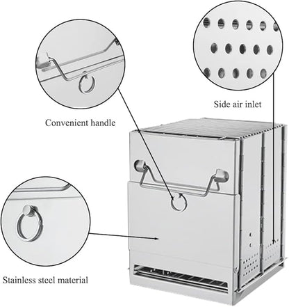 Foldable Camping Wood Burning Stove with Grill, Camp Stove Collapsible Backpacking Survival Stove Stainless Steel Campfire Stove for Outdoor Cooking Picnic Hiking BBQ (Sliver-Large)