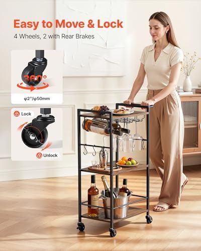 VEVOR Bar Cart with Wheels, Small Narrow 3-Tier Rolling Serving Cart, 20.08-Inch Beverage Station with Wine Rack, Glass Holder and S Hooks for Small Spaces, Rustic Brown and Black