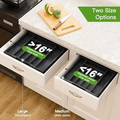 Pipishell Bamboo Expandable Drawer Organizer for Utensils Holder, Adjustable Cutlery Tray, Wood Drawer Dividers Organizer for Silverware, Flatware, Knives in Kitchen, Bedroom, Living Room (Black)