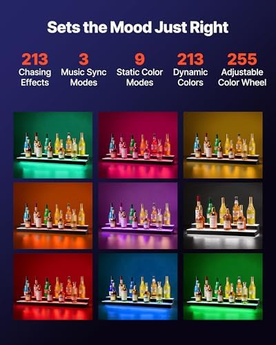 VEVOR LED Lighted Liquor Bottle Display, 2 Tiers 40 inches, Supports USB, Acrylic Illuminated Home Bar Shelf Display with RF Remote & App Control, 9 Static Colors, Timing Mode, for 20-28 Bottles