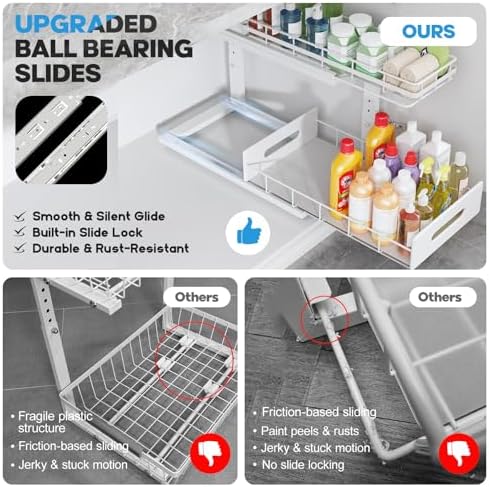 Under Sink Organizer Upgrade To Professional Rails,2-Tier Dual Pull Out Cabinet Storage,Height Adjustable Slide Out Drawers For Bathroom Kitchen,2 Pack-18.5"Dx12.8"-16.9"H,White