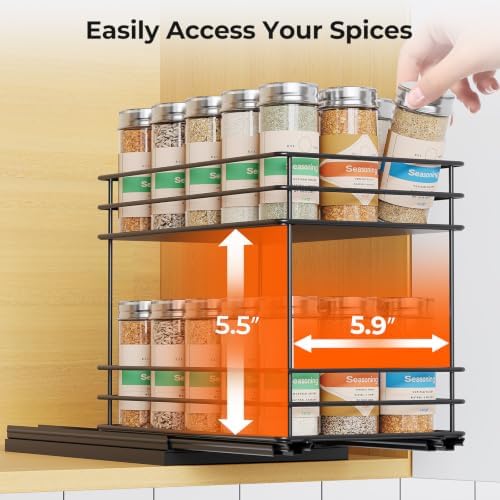 Mystozer Pull Out Spice Rack Organizer for Cabinet, Slide Out Spice Racks, Easy to Install Spice Cabinet Organizers, 6.49" Wx10.43 Dx8.66 H, 1 Drawer 2 Tiers(Black)